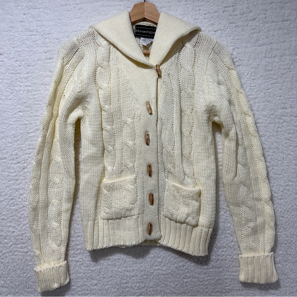 Monarch Knits Vintage Women’s Ivory Knit‎ Hooded Slim Cardigan Sweater Size L